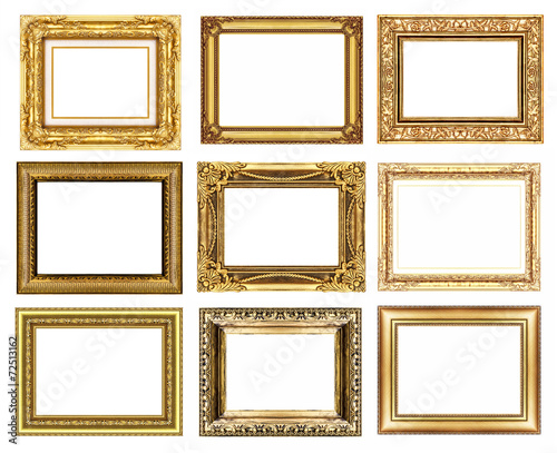 set 9 of vintage gold frame isolated on white background.