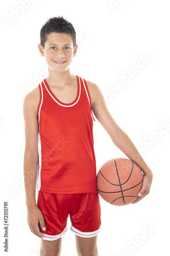 child playing the basketball a over white background