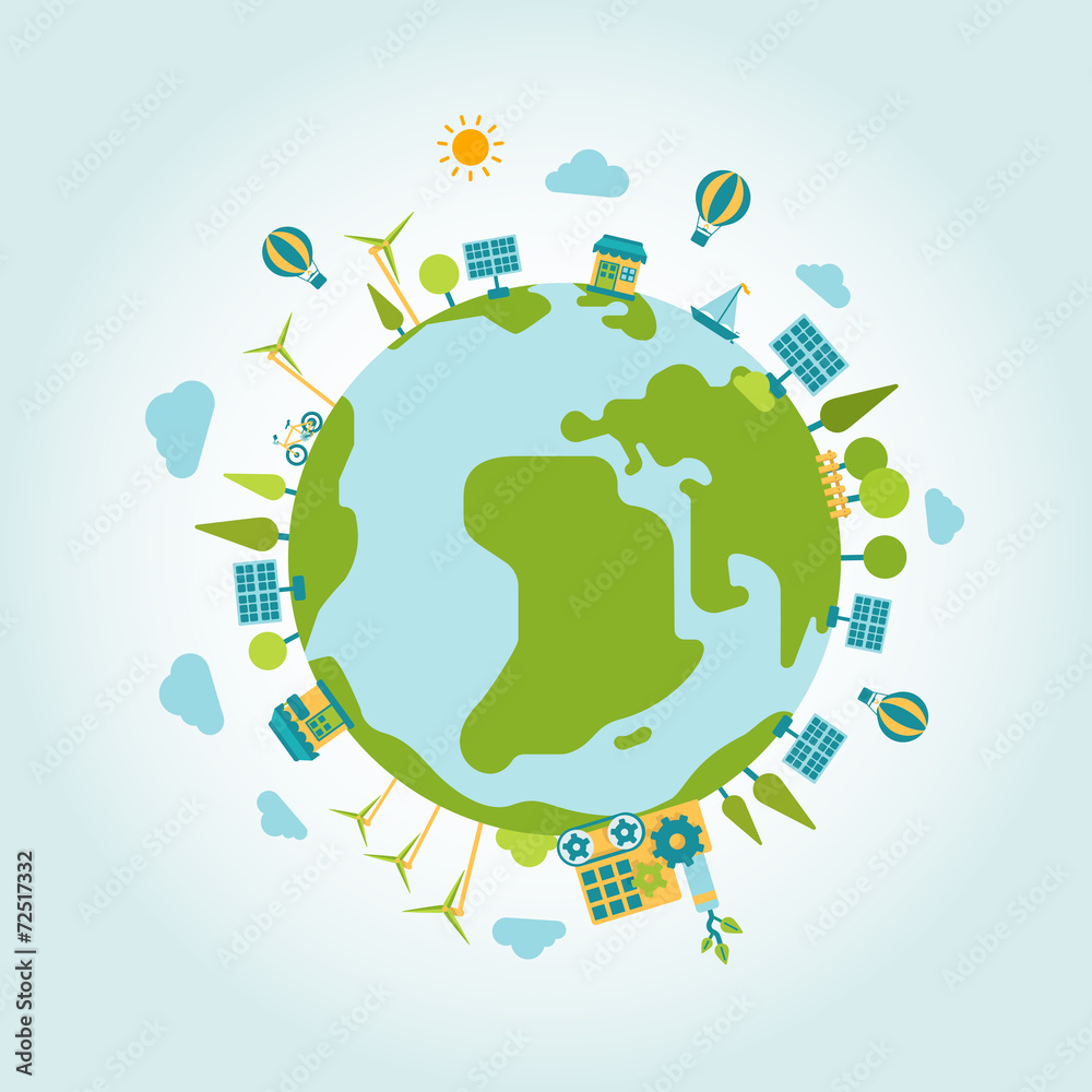 Naklejka premium Eco green energy planet world globe modern flat style template