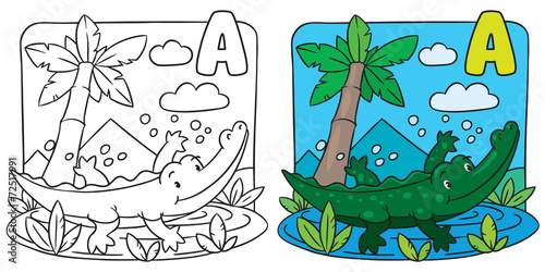 Little crocodile coloring book. Alphabet A