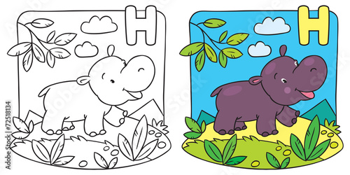 Little hippo coloring book. Alphabet H