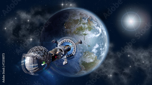 Interstellar spaceship leaving Earth