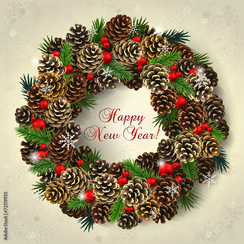 Card with wreath of fir cones, branches and red beads