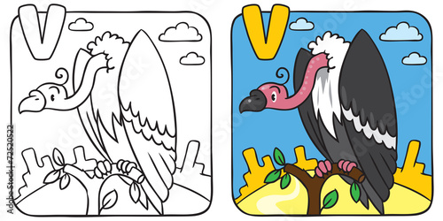 Funny vulture coloring book. Alphabet V