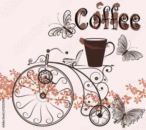 Coffee background with swirl old-fashioned bicycle and coffee cu