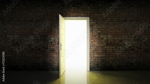 white door with brick wall