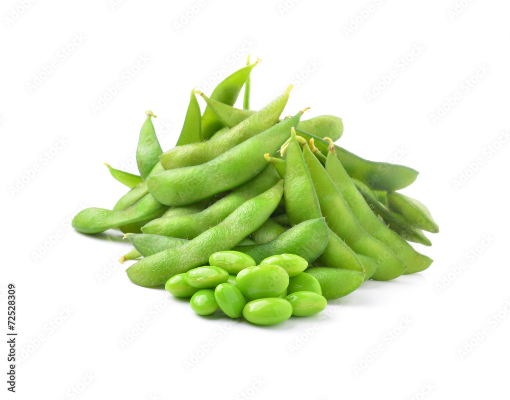 Green soybeans on white background Green soybeans on white background