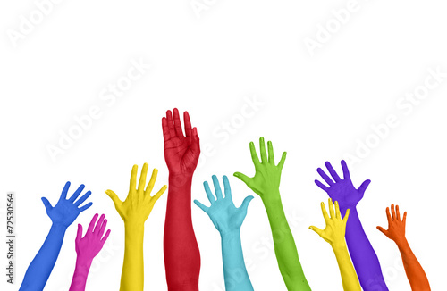 Colorful Hands Raised On White Background