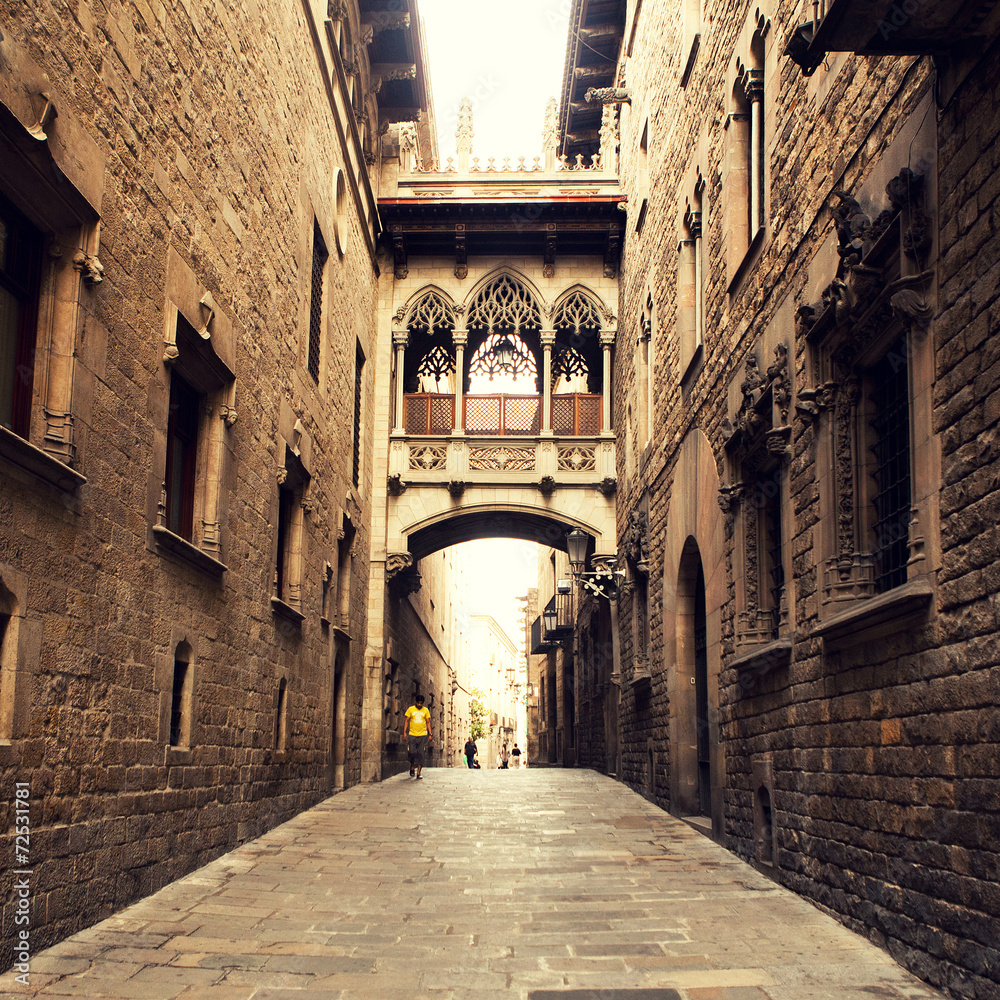 Fototapeta premium Gothic street with arch in Barcelona close to Cathedral.