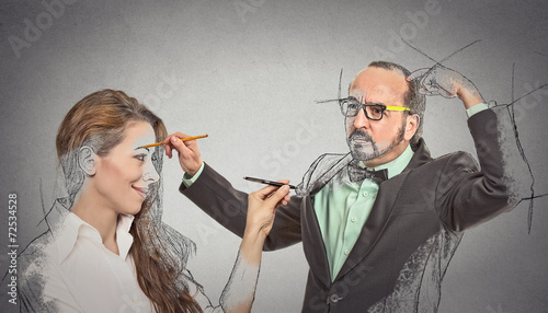 Quadro em tela woman, middle aged guy drawing picture sketch of each other