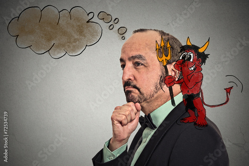 middle aged guy with devil on shoulder whispering in ear