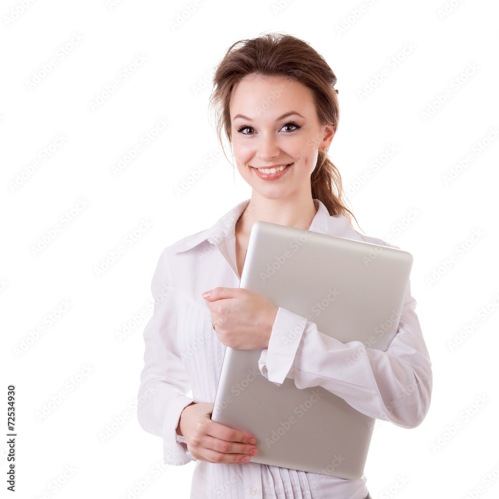 Businesswoman with a laptop in her hands isolated on white Businesswoman with a laptop in her hands isolated on white