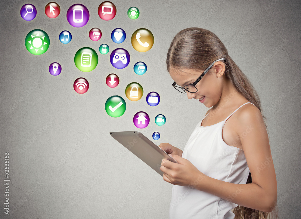 Girl using pad computer playing game multimedia icons Girl using pad computer playing game multimedia icons