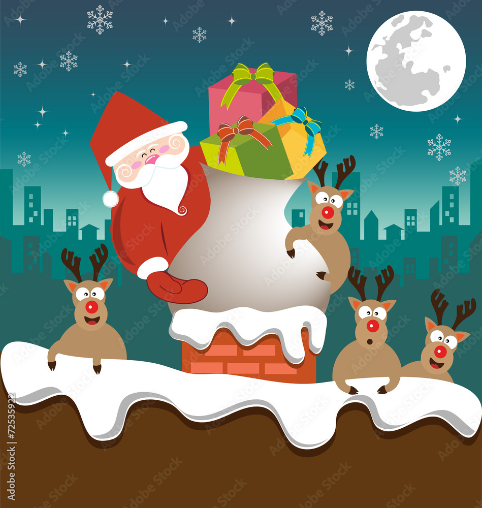 Naklejka premium Santa claus and Reindeer send gifts on chimney