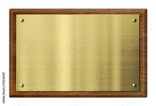 Wood plaque with brass or gold metal plate. Clipping path