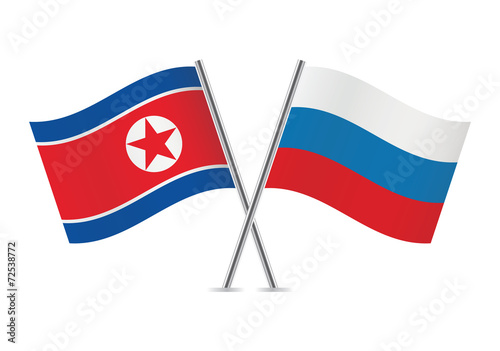 North Korean and Russian flags. Vector illustration.