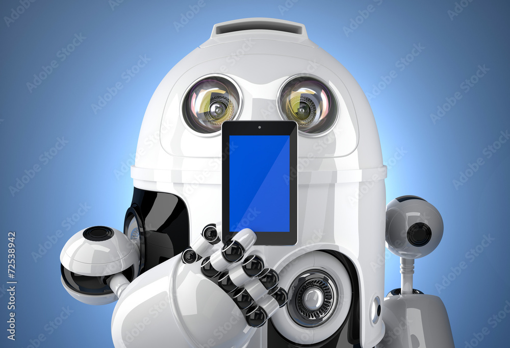 Robot with mobile phone. Contains clipping path Robot with mobile phone. Contains clipping path