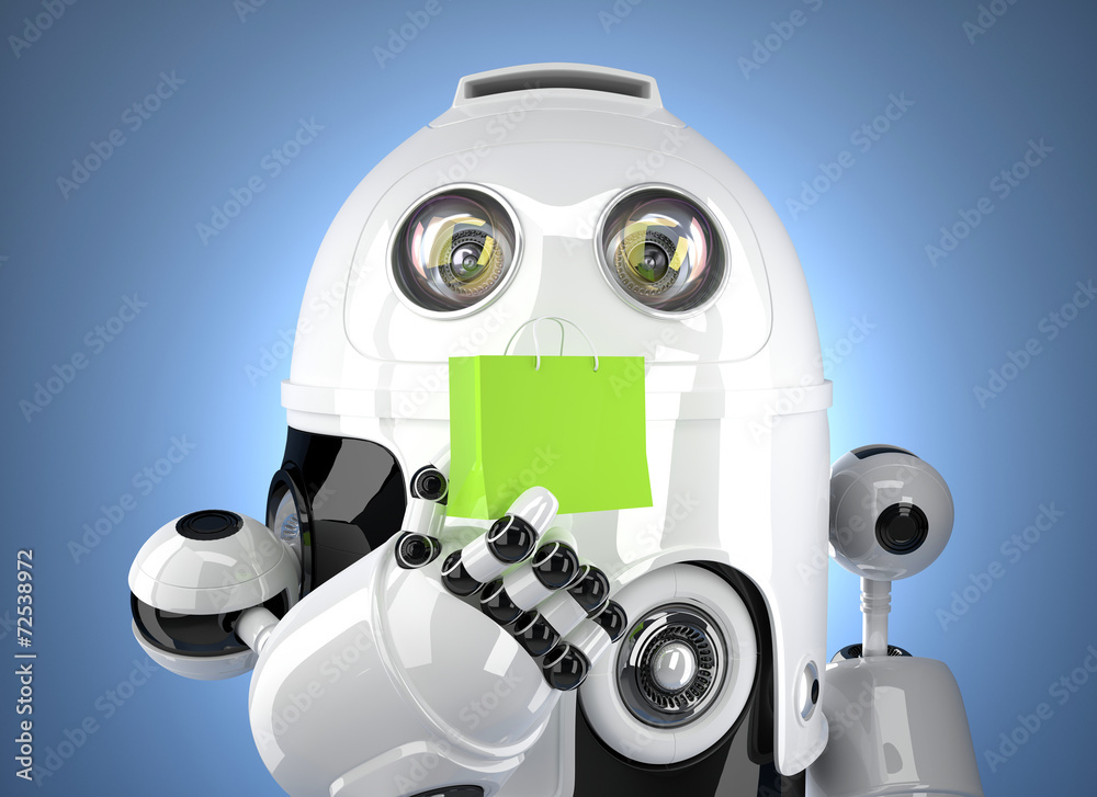 Android robot with shopping bag. Contains clipping path Android robot with shopping bag. Contains clipping path