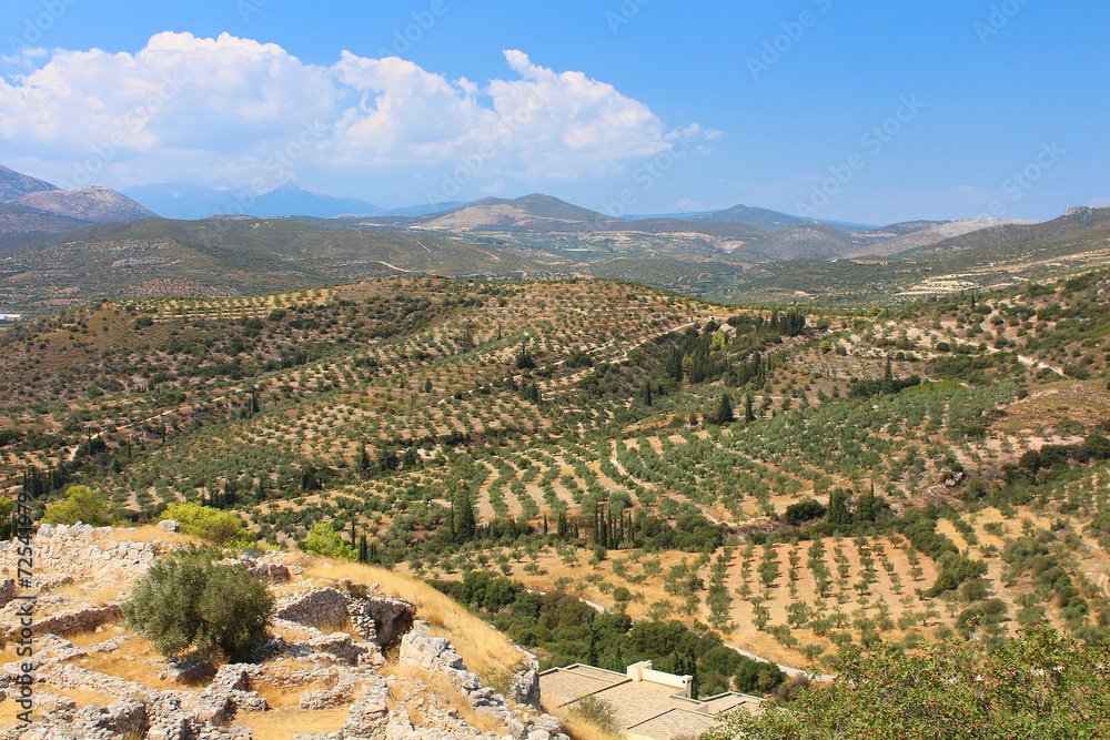 Green hills and valleys around the ruins of Mycenae, Peloponnese