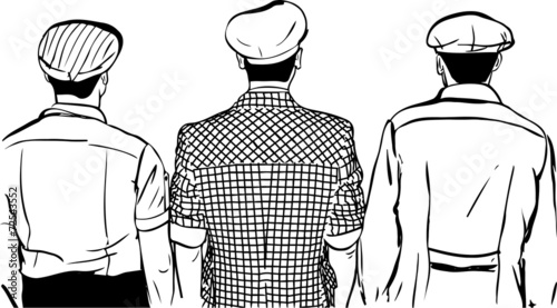 sketch of three men in caps turned back