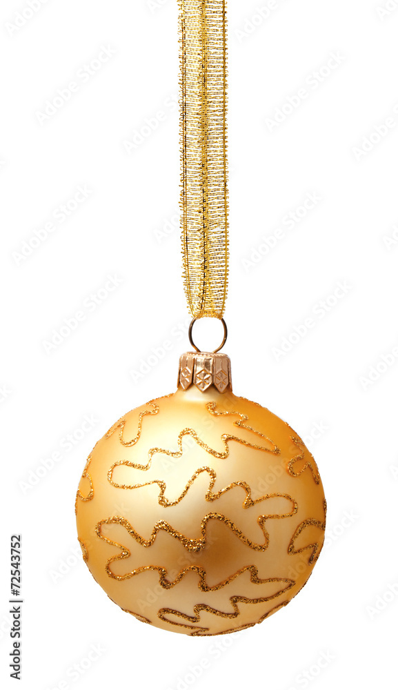 Hanging golden christmas ball with ribbon isolated Hanging golden christmas ball with ribbon isolated