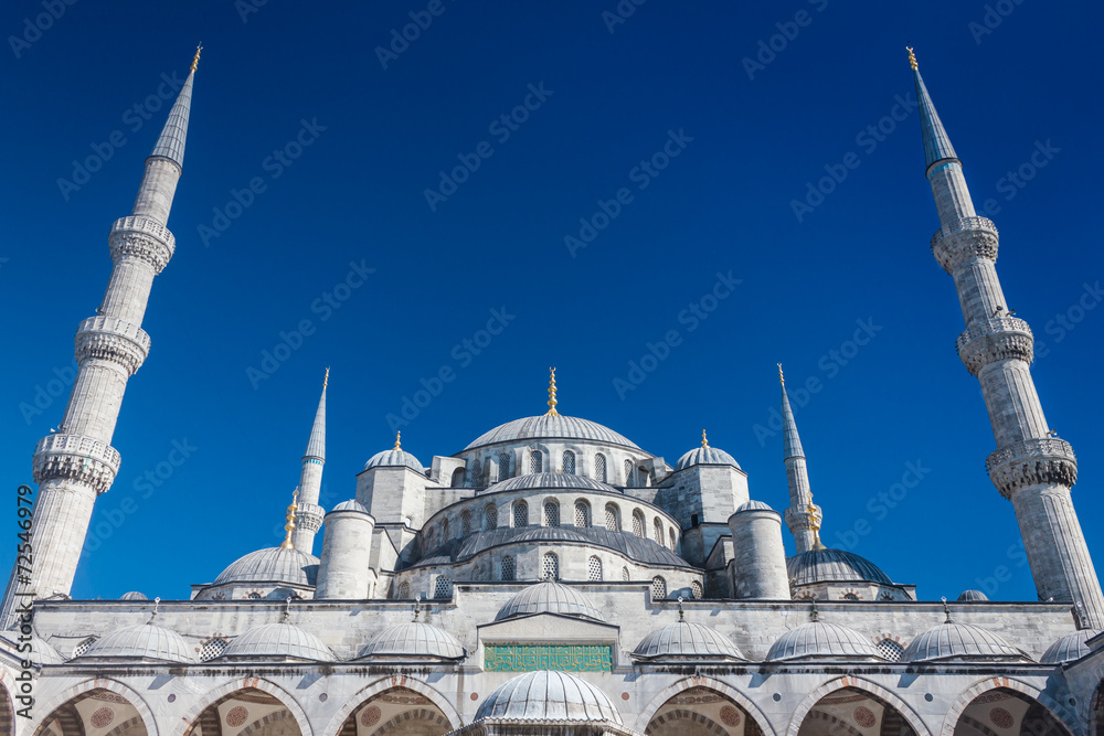 Front of Blue Mosque against blue summer sky