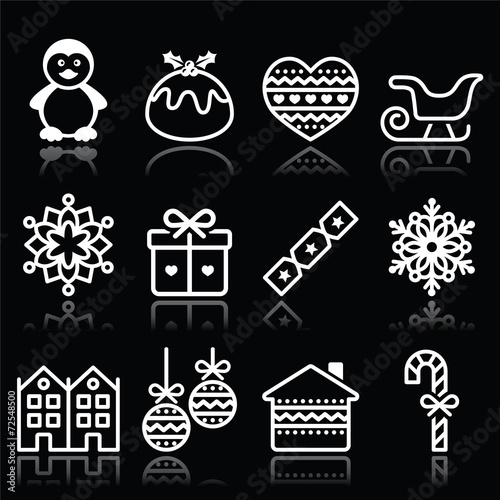 Christmas  winter white icons with stroke on black