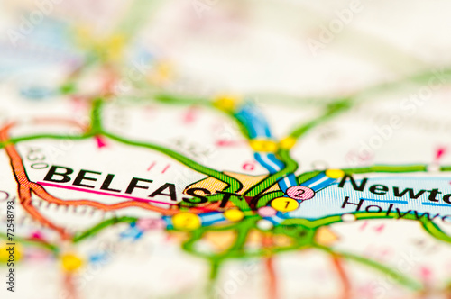 Close-up on Belfast city on map, travel destination concept