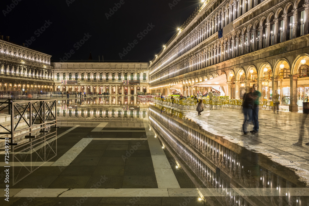 San Marco square with reflection on water at night, Venice
