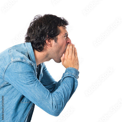 Man shouting over isolated white background