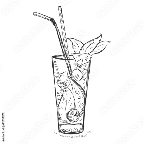 Vector Sketch Cocktail Mojito with Mint Leaves and Straws