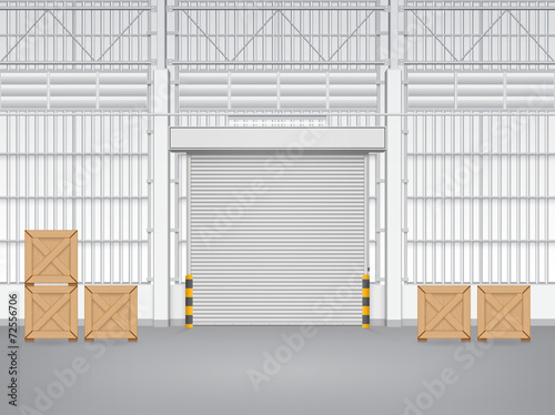 Roller door or roller shutter. Also called security door or security shutter. For protect residential, commercial and industrial building i.e. house, factory, warehouse, hangar. Vector illustration.