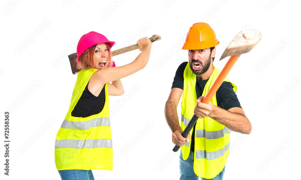 Workman with ax over white background