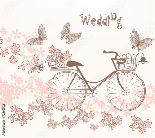 Illustration with art bicycle and flowers in vintage style