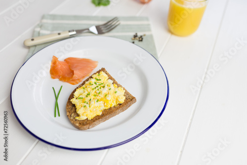 High protein breakfast with scrambled eggs on toast