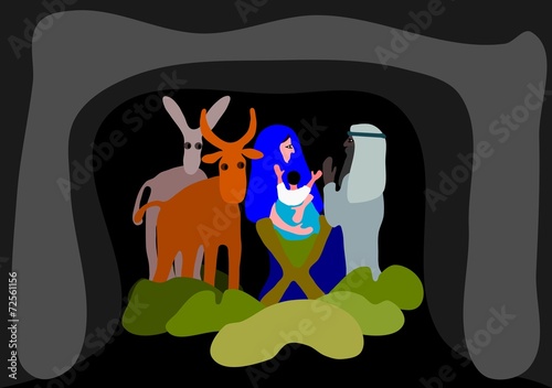 A woman with a child and a man in a cave in the hay.