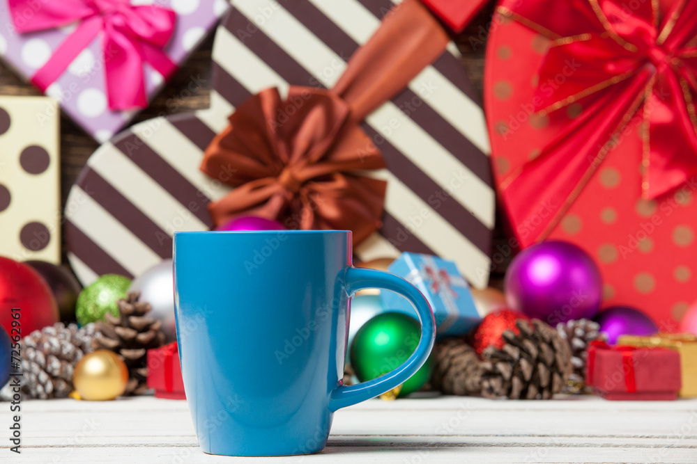 Cup on christmas background.