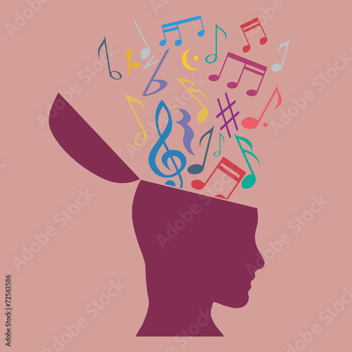Music therapy concept, musical notes in the head. Flat design photo