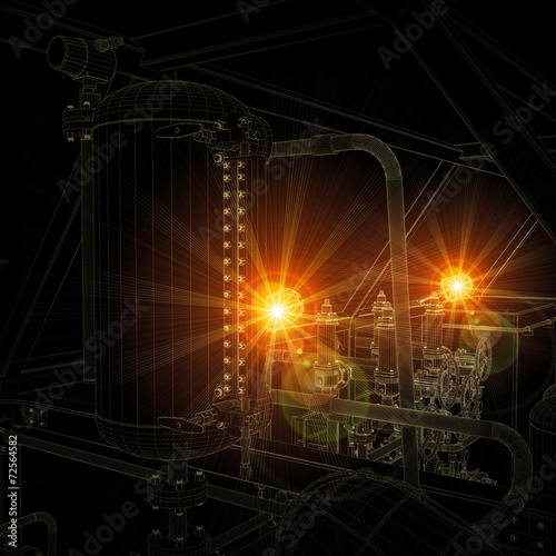 Wire-frame industrial equipment. Bright light and dark