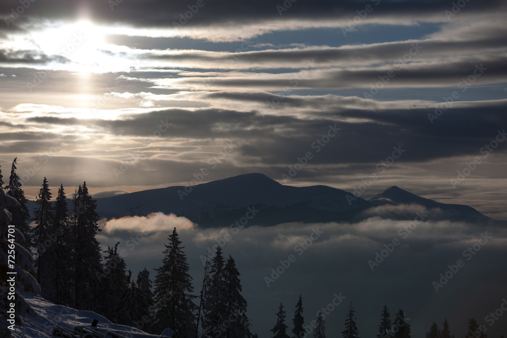 Scenic view of the winter mountains Scenic view of the winter mountains