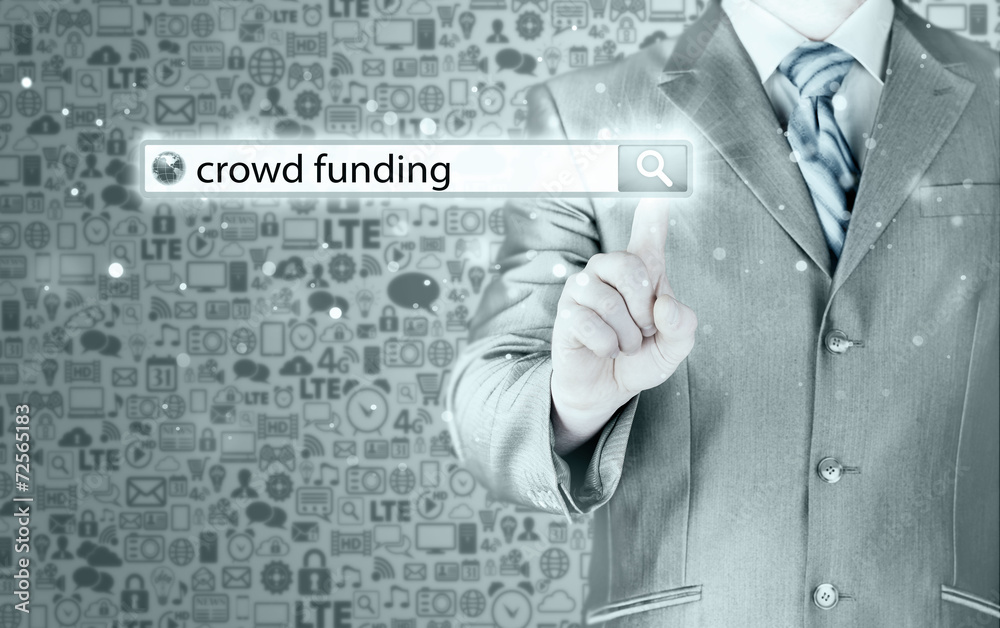 Businessman and crowd funding in search bar