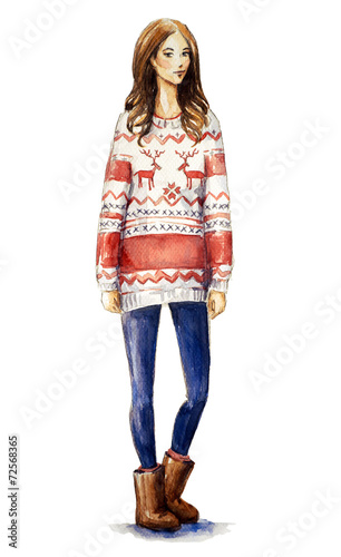 girl in a christmas sweater.Fashion illustration.