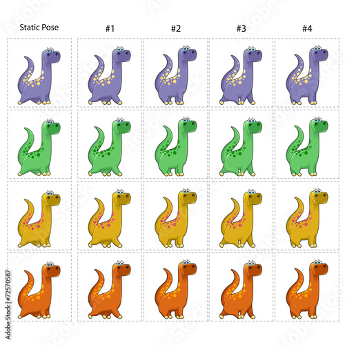Animation of four funny dinosaurs walking.