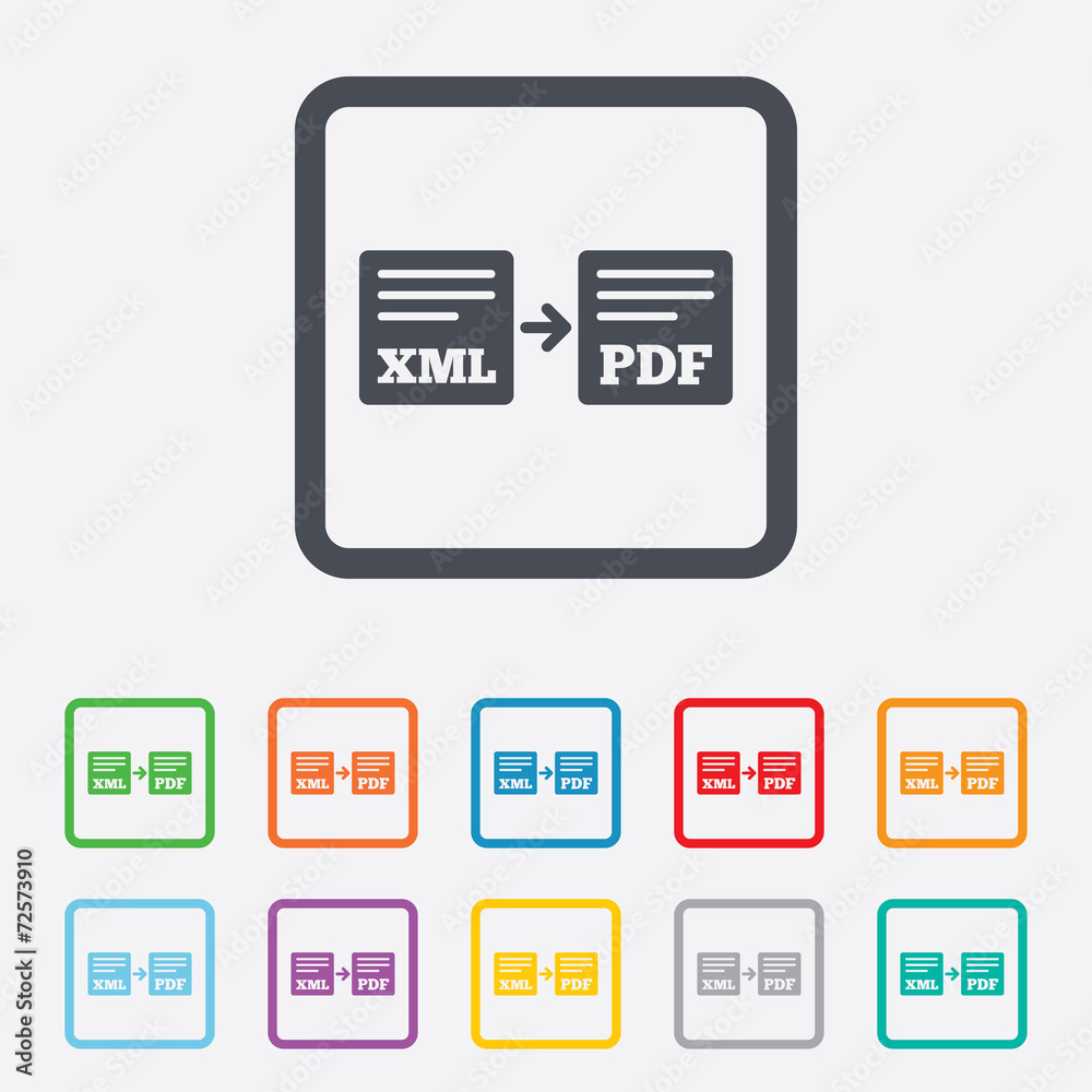 Export XML to PDF icon. File document symbol. Export XML to PDF icon. File document symbol.