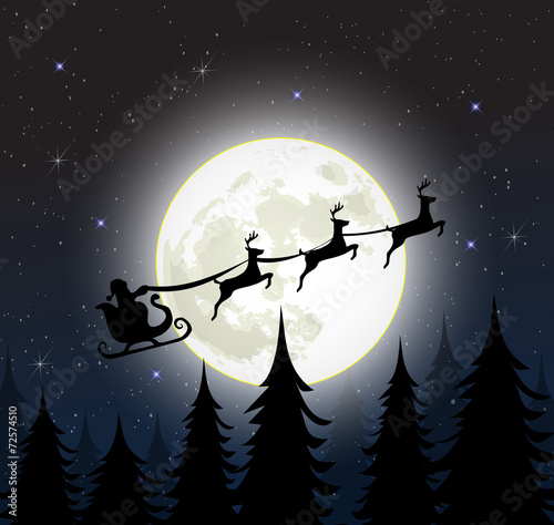 Santa on a sleig with reindeers over full moon