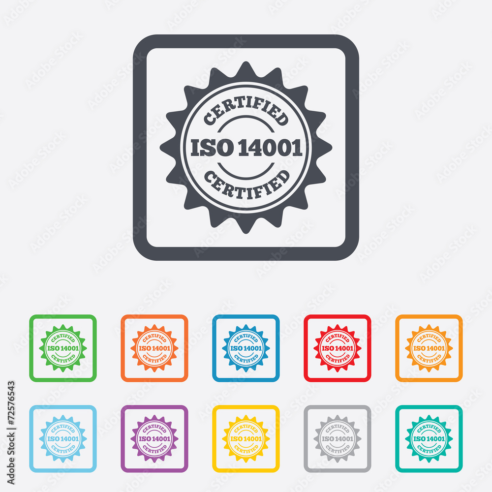 ISO 14001 certified sign. Certification stamp. ISO 14001 certified sign. Certification stamp.