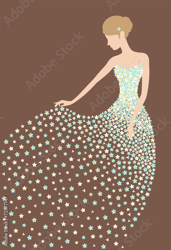 Illustration of bride in light blue dress made of flowers