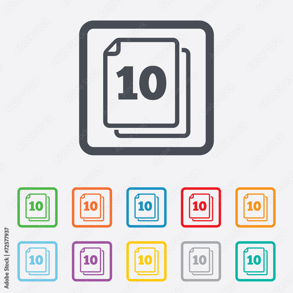 In pack 10 sheets sign icon. 10 papers symbol. In pack 10 sheets sign icon. 10 papers symbol.