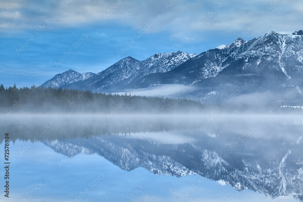 Karwendel mountains reflected in Barmsee lake