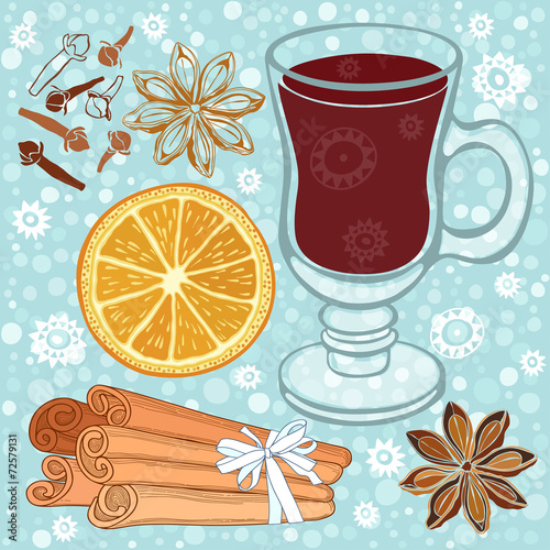 Set of mulled wine, orange and spices. Hand drawn vector illustr